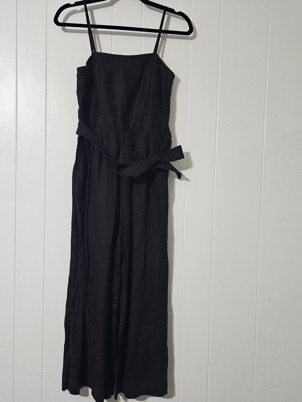 J.Crew 100% Linen Wide Leg Jumpsuit Black Tie Waist Cropped Size 00 Petite - Picture 2 of 12